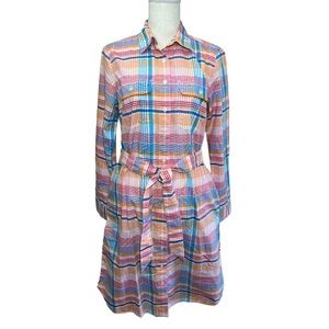 Lands’ End pink orange plaid long sleeve button down shirt dress pockets size XS